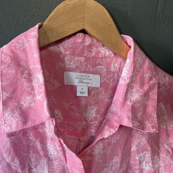 Charter Club Luxury Linen Womens Small Pink White Floral Button Up - Picture 2 of 4